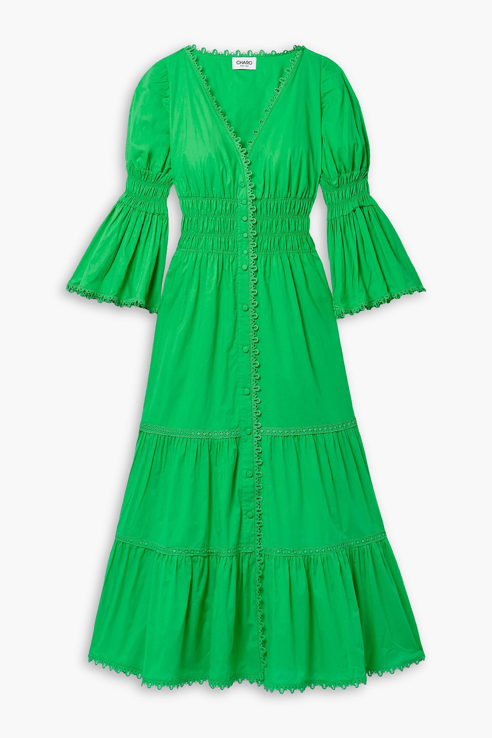Charo Ruiz Lipa Lace-trimmed Shirred Cotton-blend Poplin Maxi Dress In Green