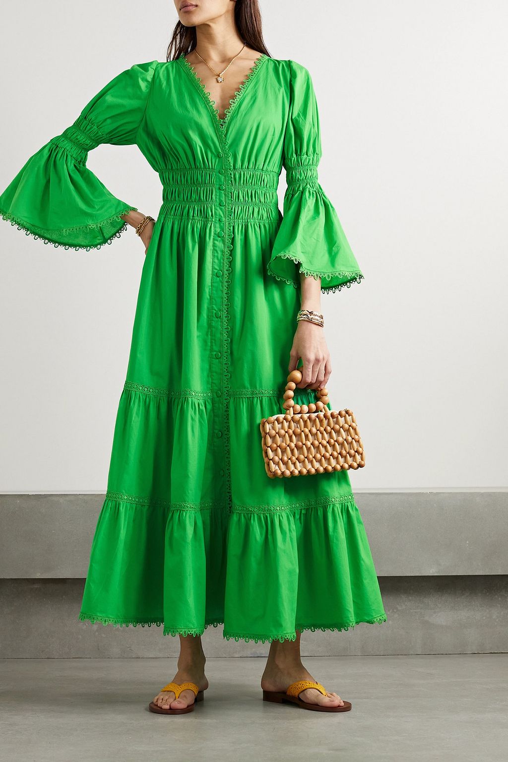 CHARO RUIZ IBIZA Lipa lace-trimmed shirred cotton-blend poplin maxi dress