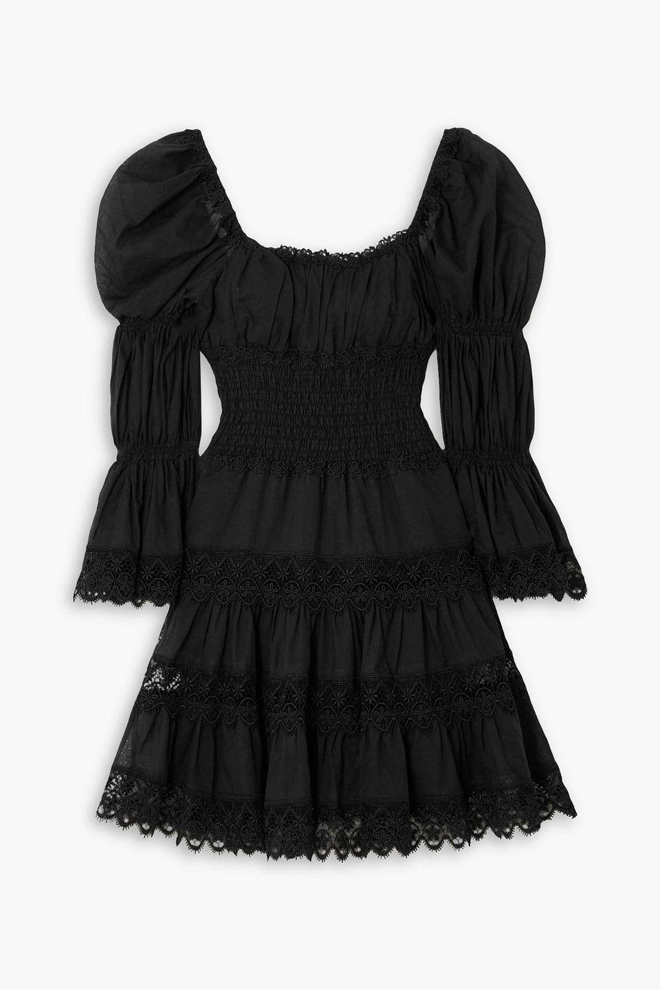 Charo Ruiz Nadia Shirred Guipure Lace-trimmed Cotton-blend Voile Mini Dress In Black