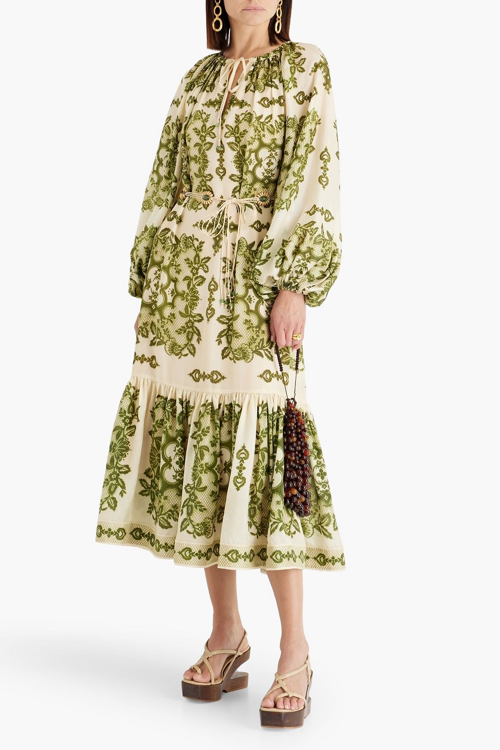 ZIMMERMANN シルクシフォン ミディワンピース ギャザー&プリント入り