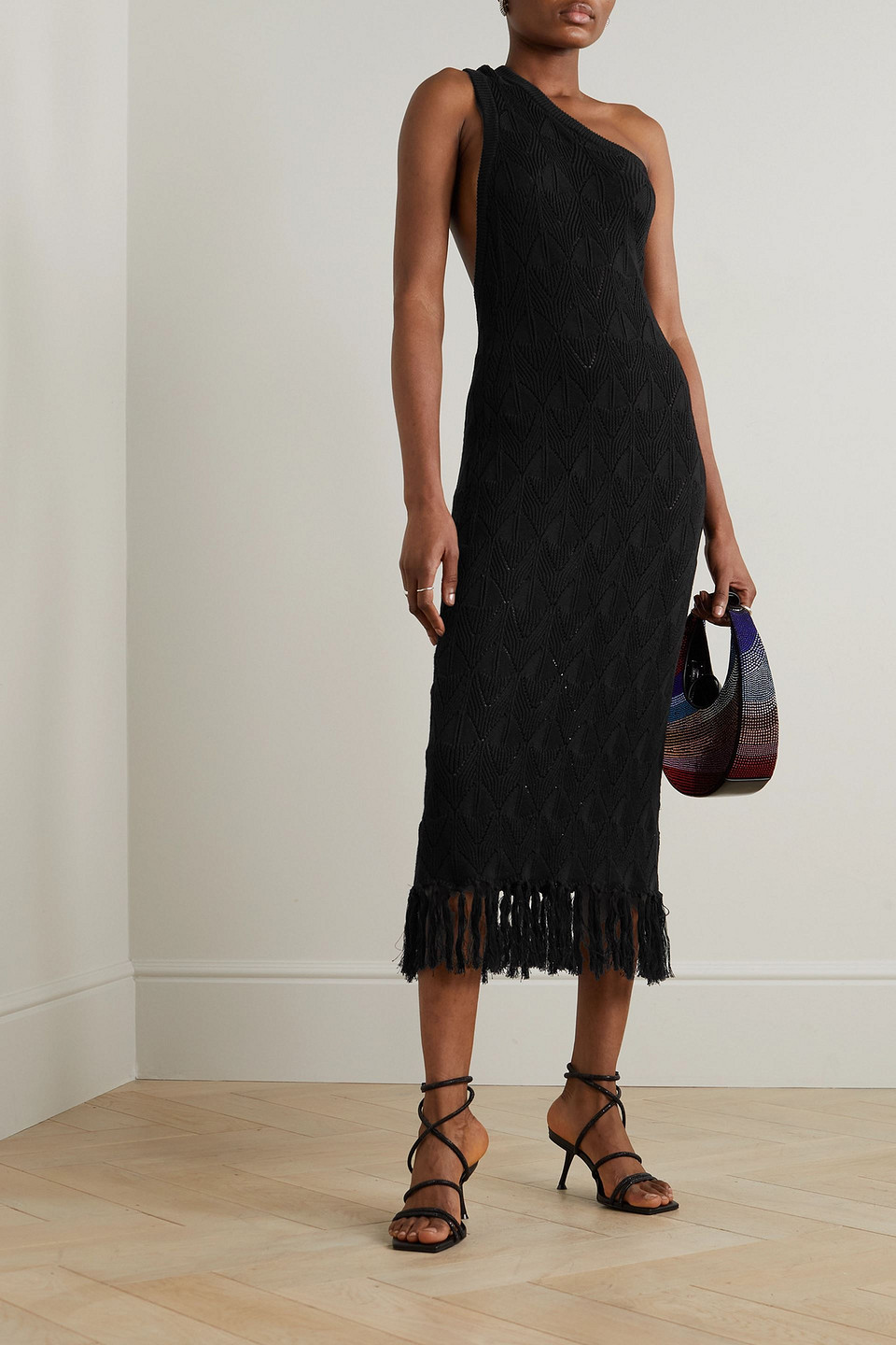 Dodo Bar Or Martin Asymmetric One-shoulder Pointelle-knit Cotton Maxi Dress In Black