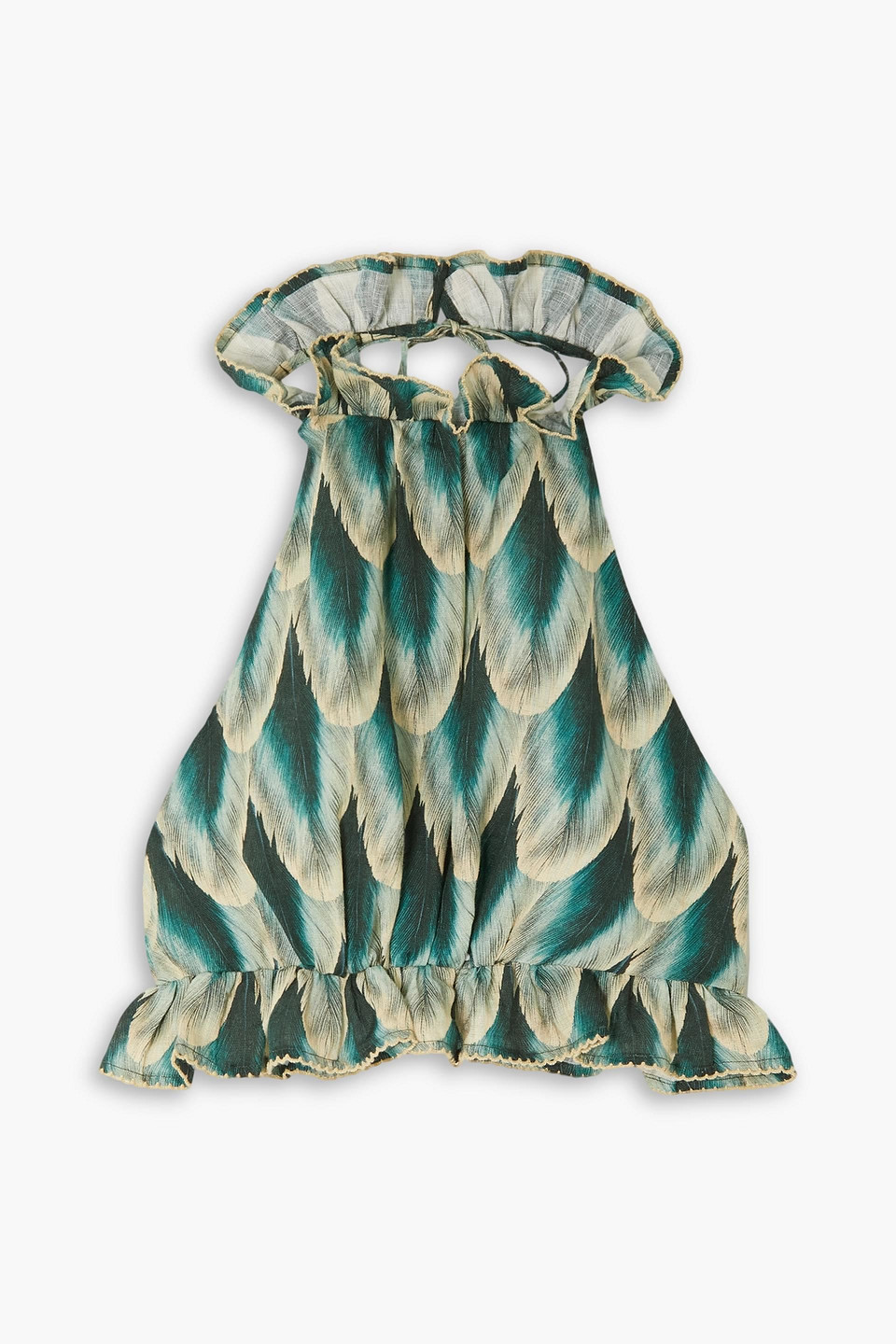Agua By Agua Bendita Nardo Pluma Ruffled Printed Linen Halterneck Top In Emerald
