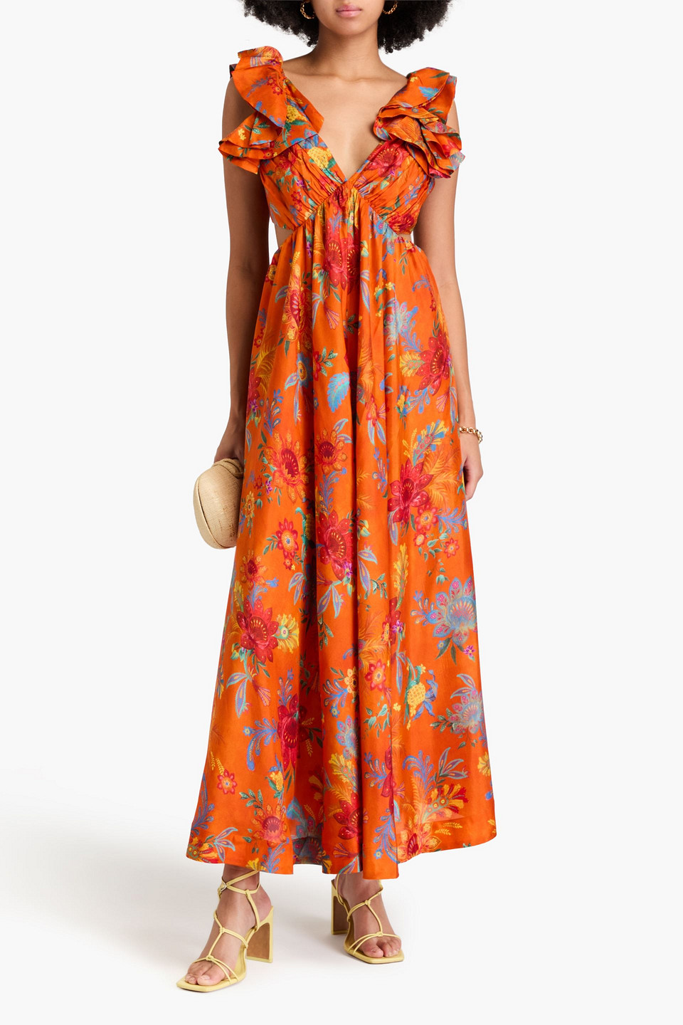 Shop Zimmermann Ginger Cutout Floral-print Silk Maxi Dress In Orange