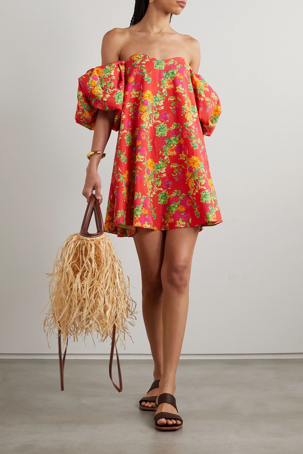 CAROLINE CONSTAS Palmer off-the-shoulder floral-print cotton-blend poplin mini dress