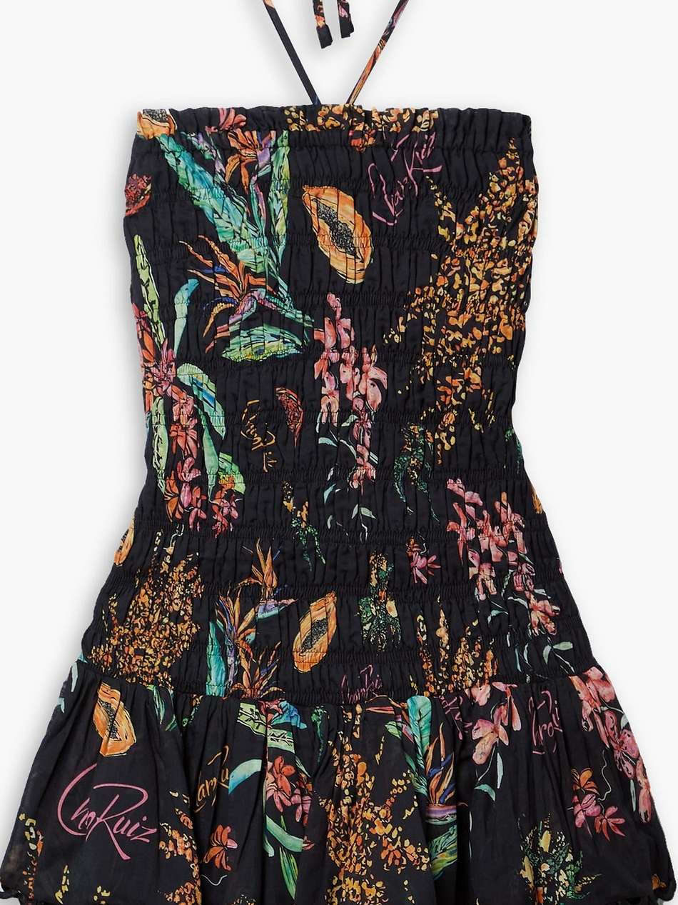 cusia shirred printed cotton-blend voile mini dress