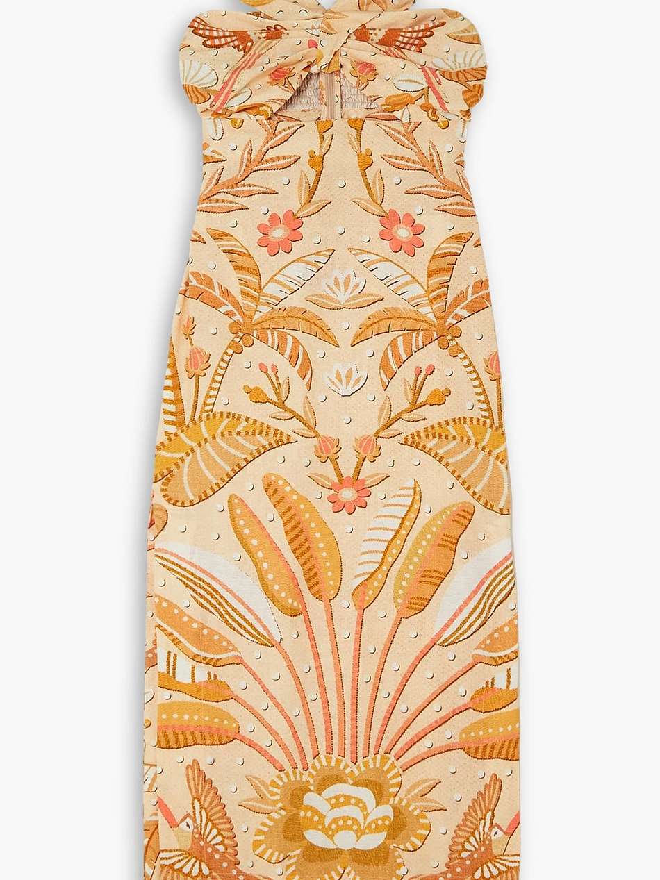 jungle chic cutout printed linen-blend halterneck midi dress