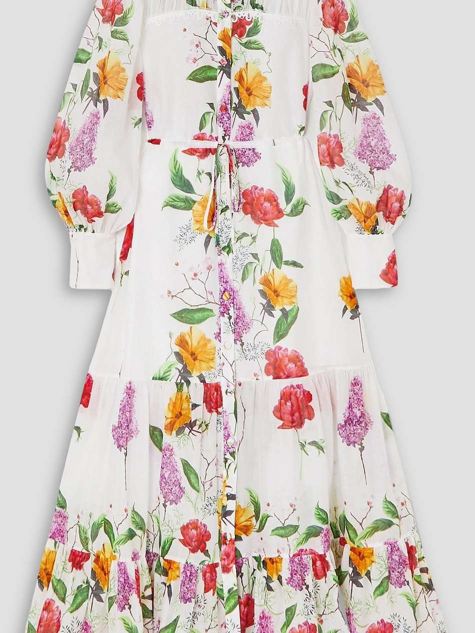 begonia lace-trimmed tiered floral-print cotton-blend voile shirt dress
