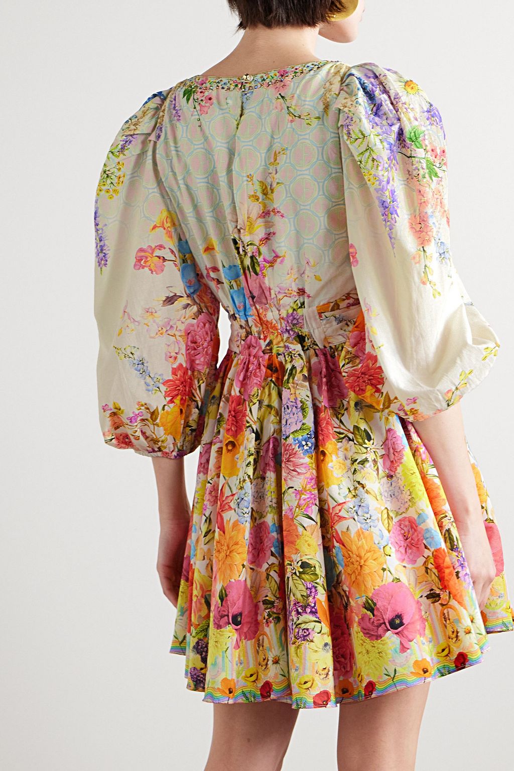 CAMILLA Minikleid aus Voile aus einer Baumwoll-Seidenmischung mit Kristallen und Print