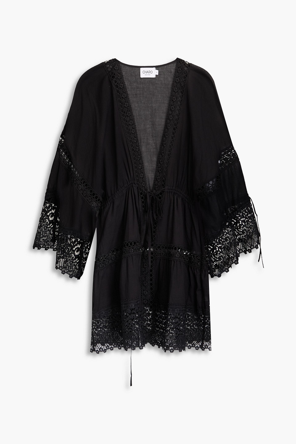 Charo Ruiz Agostina Guipure Lace-trimmed Cotton-blend Voile Kaftan In Schwarz