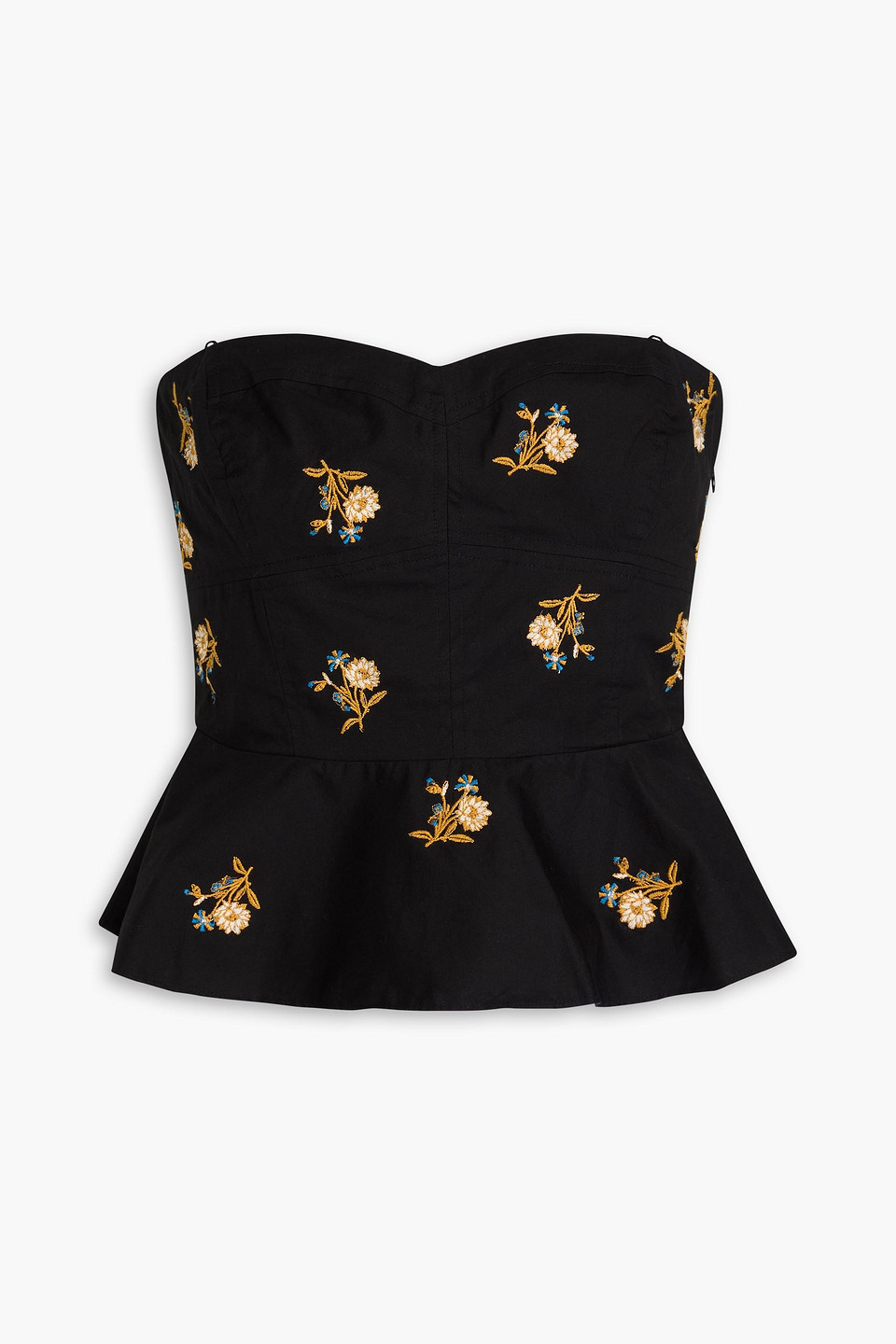 Veronica Beard Chaka Strapless Embroidered Stretch-cotton Poplin Peplum Top In Black
