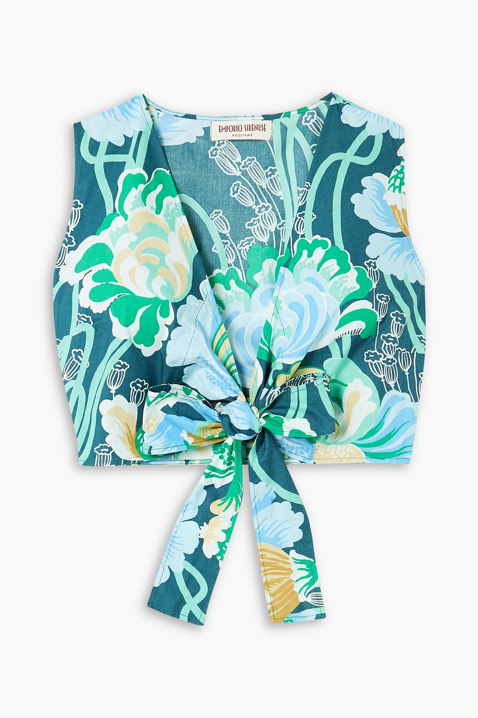 Emporio Sirenuse Sonia Cropped Floral-print Cotton-poplin Top In Storm Blue