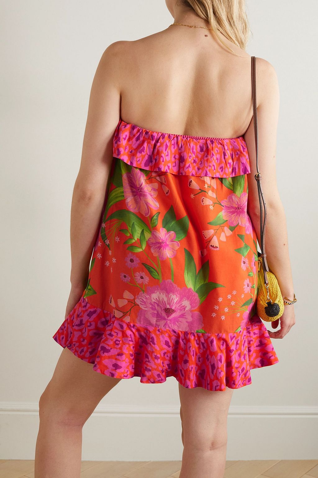 FARM RIO Romantic Garden and Pop Short strapless printed cotton coverup