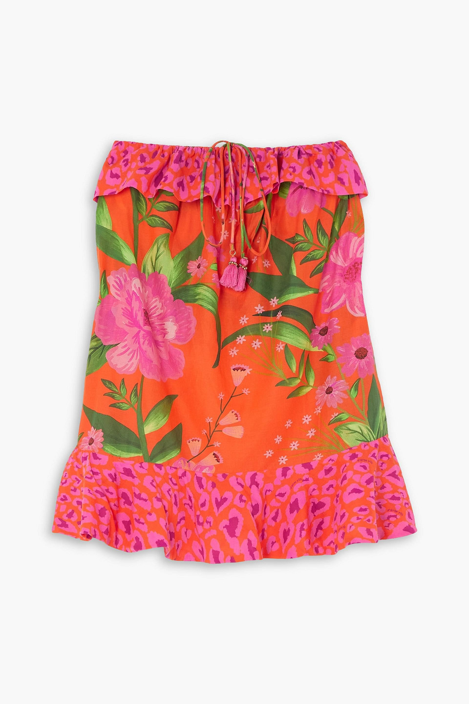 Farm Rio Romantic Garden And Pop Short Strapless Printed Cotton Coverup In Papaya