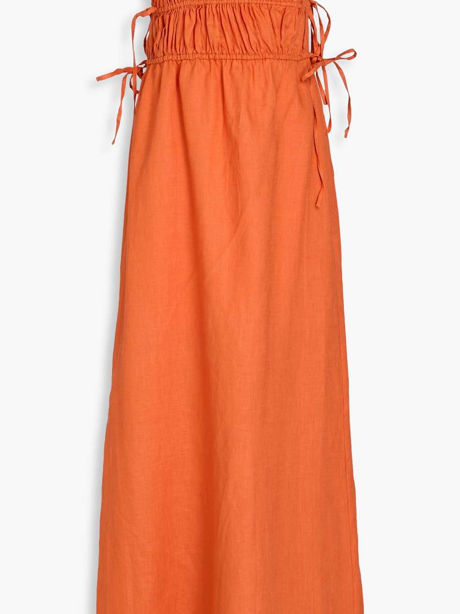 strapless shirred linen midi dress