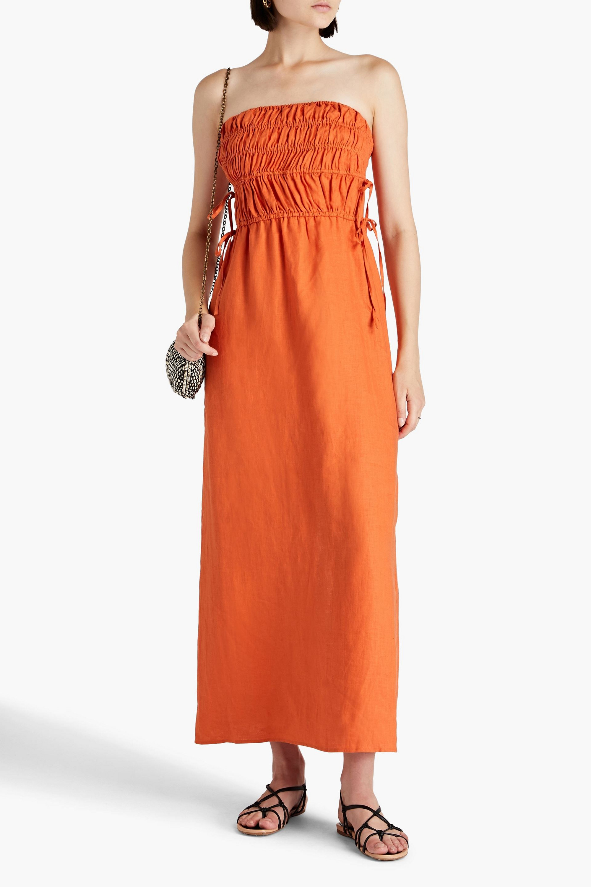 PEONY SWIMWEAR Strapless shirred linen midi dress