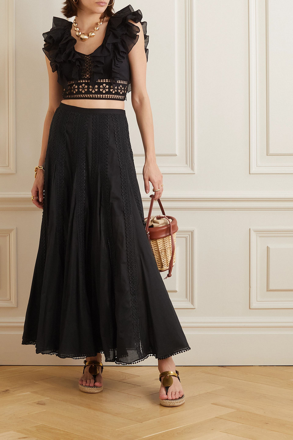 Charo Ruiz Viola Guipure Lace-trimmed Cotton-blend Voile Maxi Skirt In Black