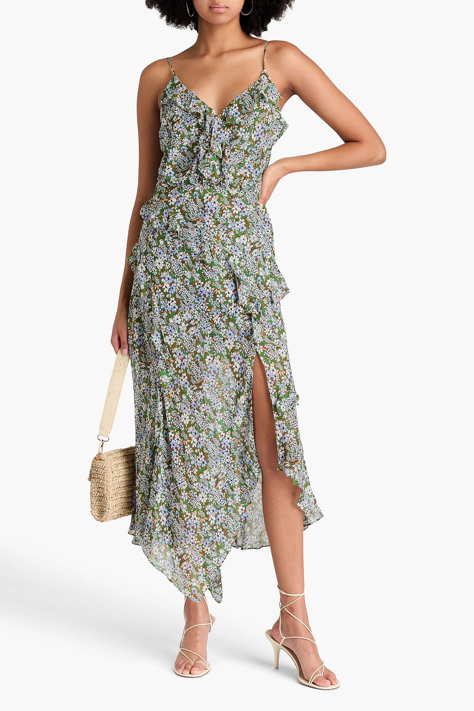 Shop Veronica Beard Avenel Ruffled Floral-print Silk-georgette Midi Dress In Green