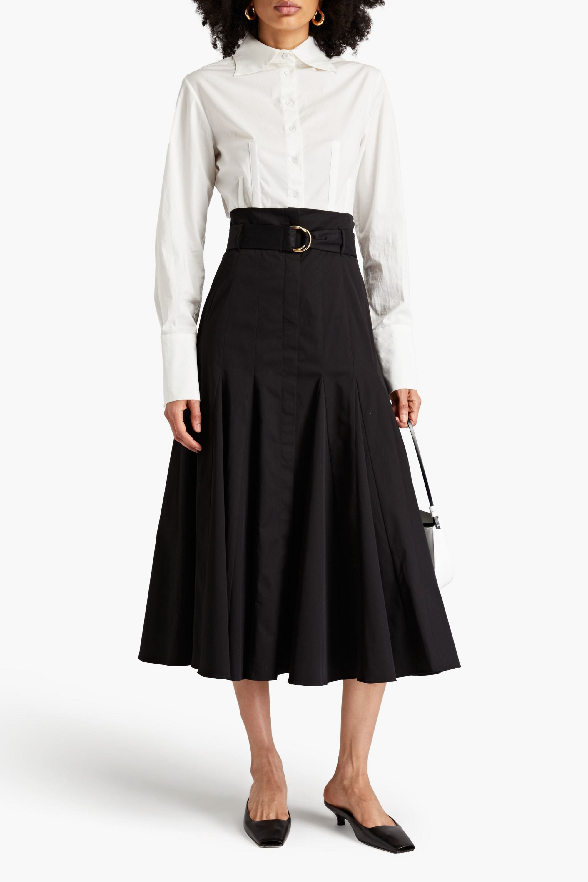 Another Tomorrow Belted cotton-blend twill midi skirt