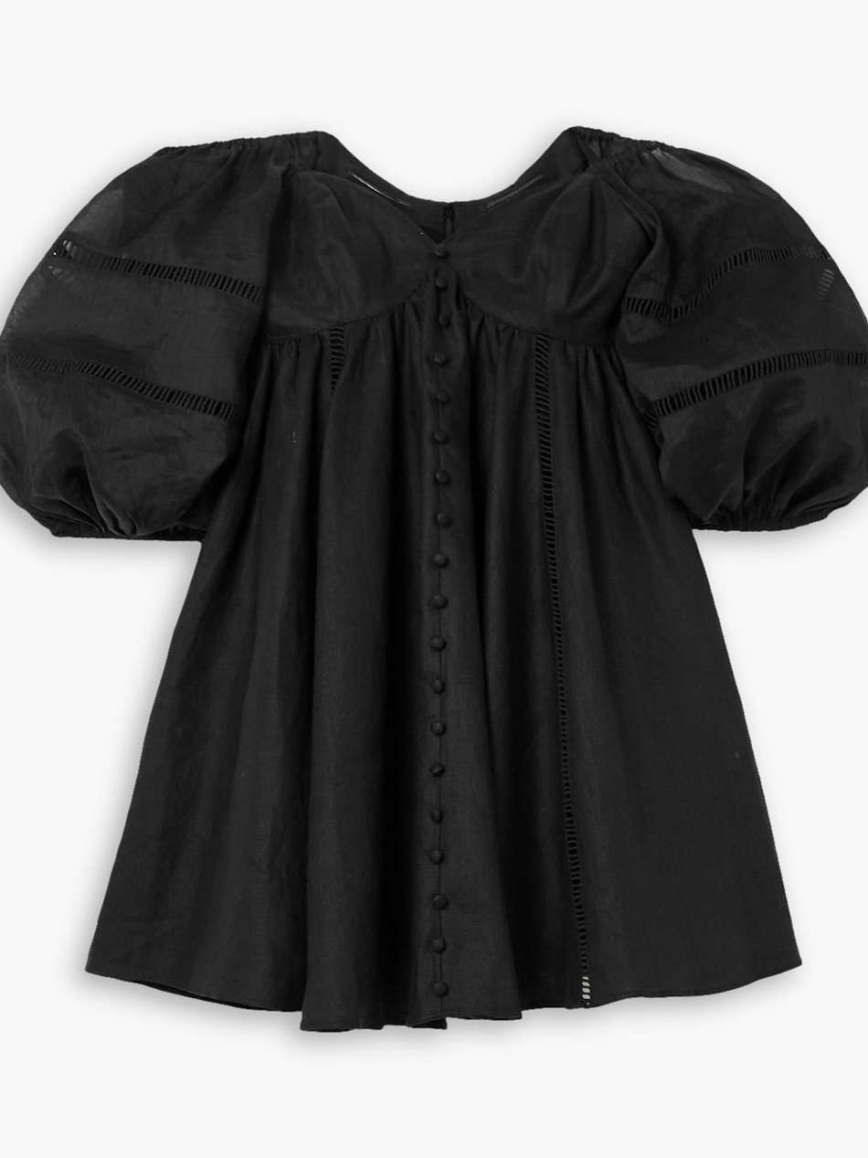 ingrid off-the-shoulder pleated linen mini dress