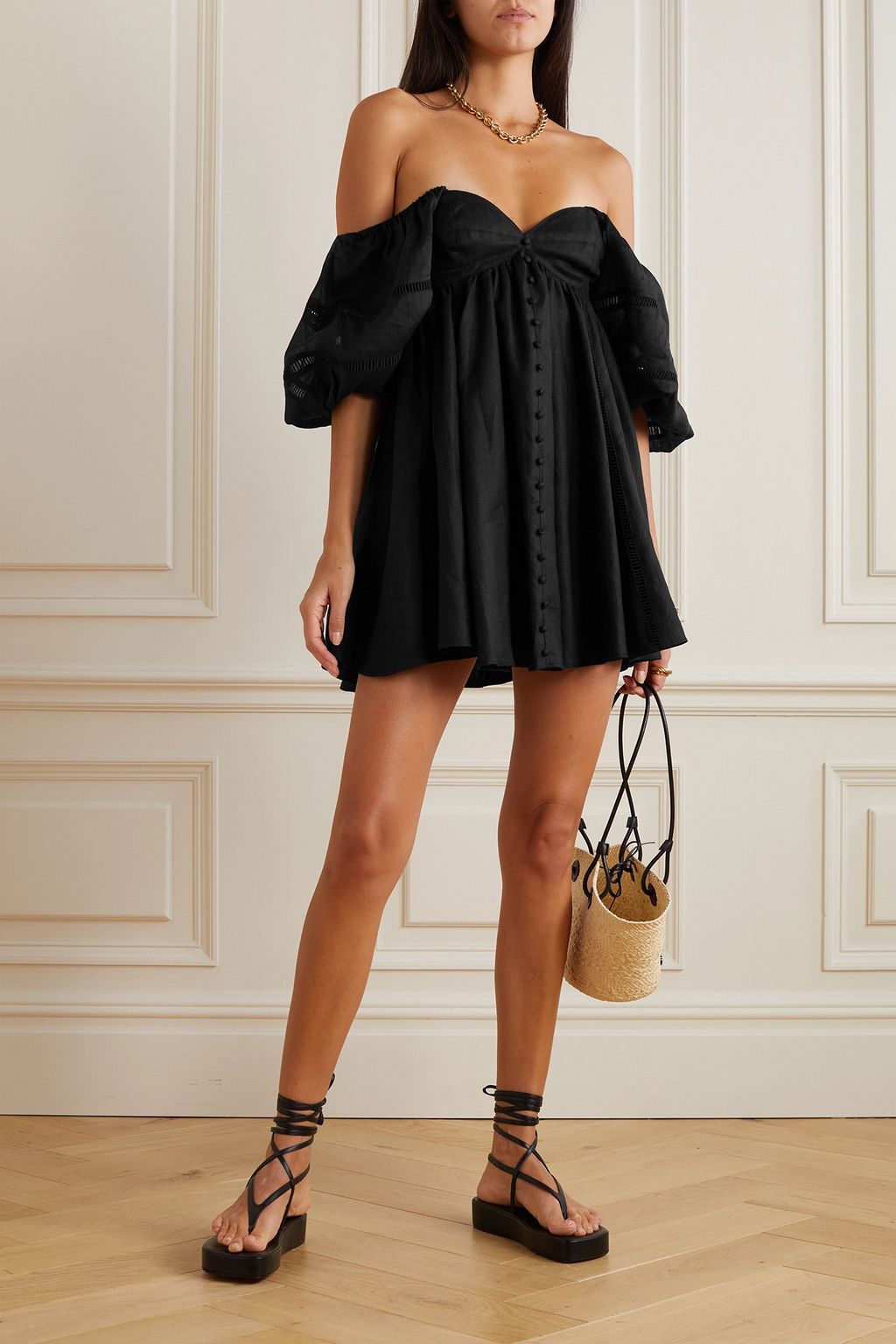JOSLIN Ingrid off-the-shoulder pleated linen mini dress