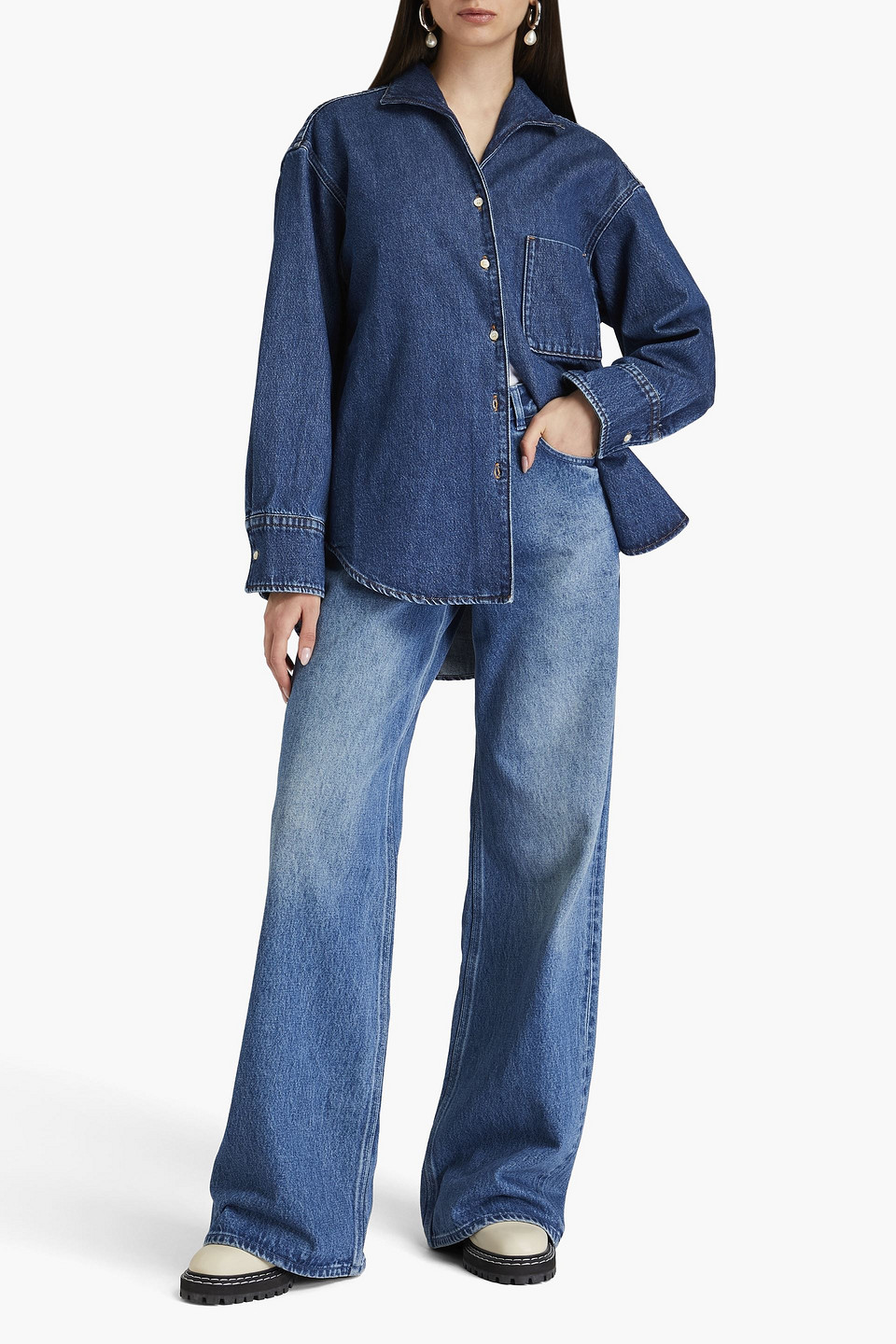 Bite Studios Denim-trimmed Cotton Shirt In Mid Denim