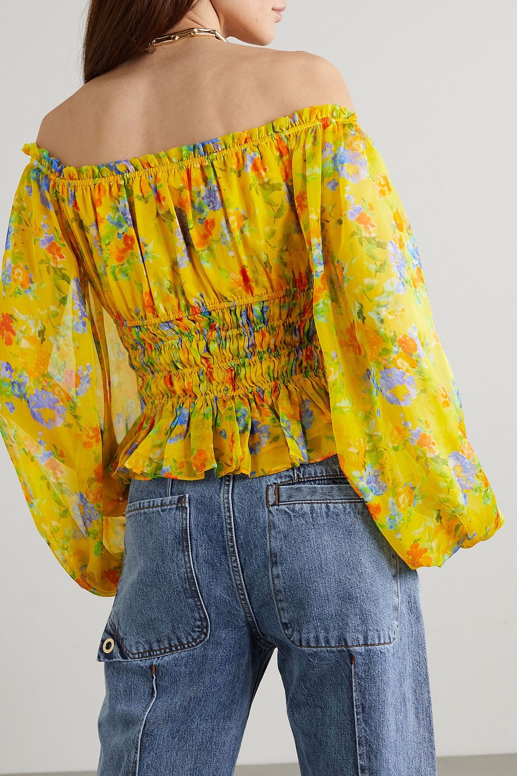 CAROLINE CONSTAS Sage off-the-shoulder floral-print silk-chiffon top