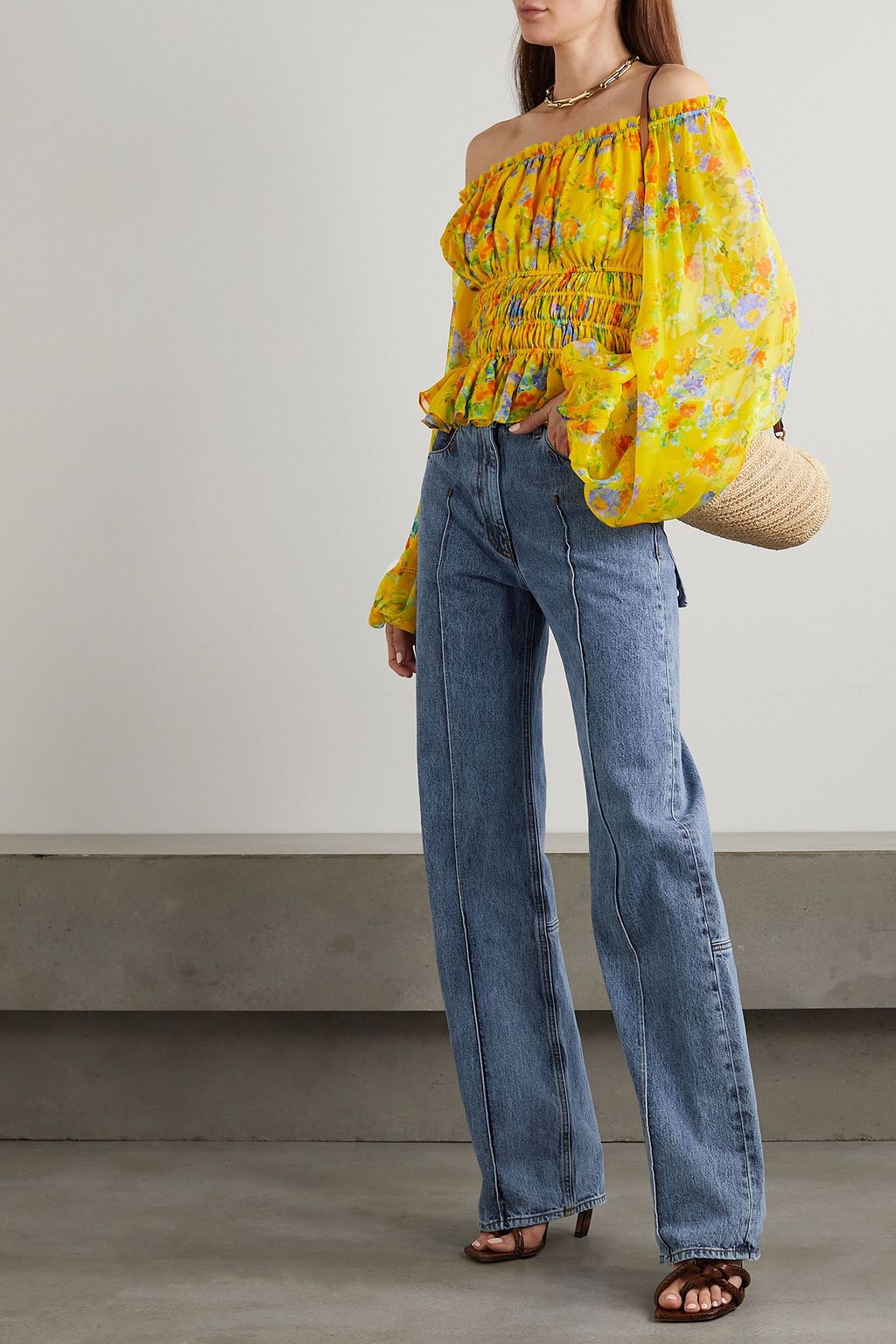 CAROLINE CONSTAS Sage off-the-shoulder floral-print silk-chiffon top