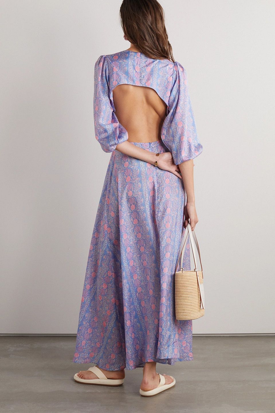 Hannah Clara Cutout Printed Silk-habotai Maxi Dress In Light Blue