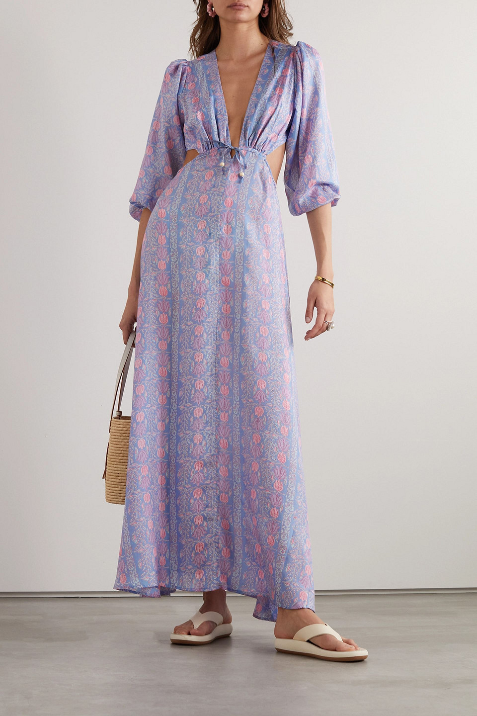 Hannah Clara Cutout Printed Silk-habotai Maxi Dress In Light Blue