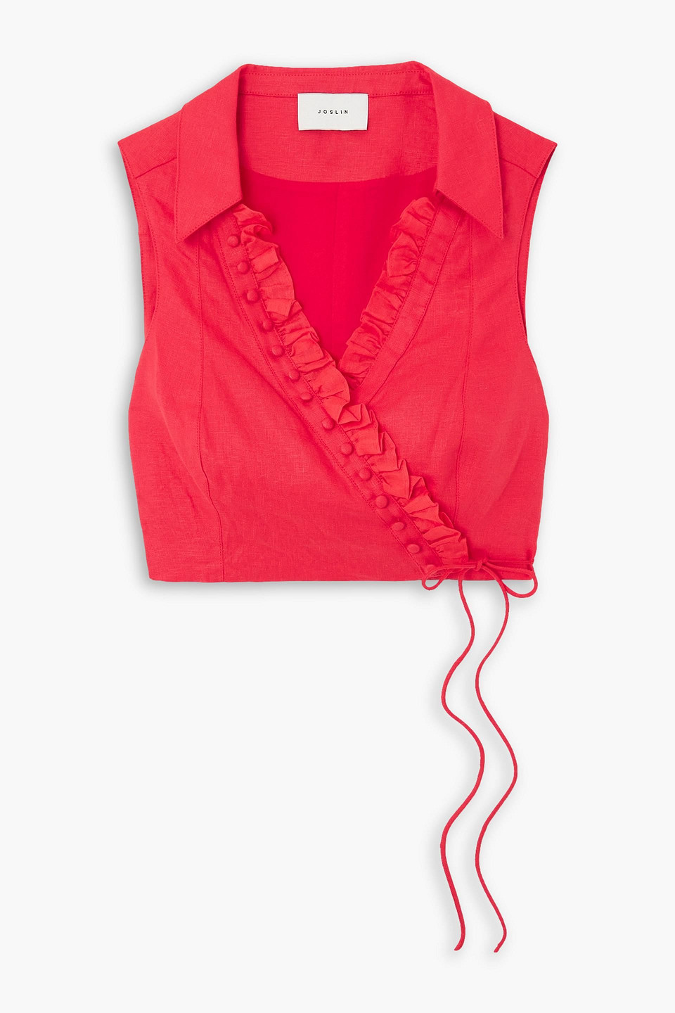 Joslin Camilla Cropped Button-embellished Linen Wrap Top In Red
