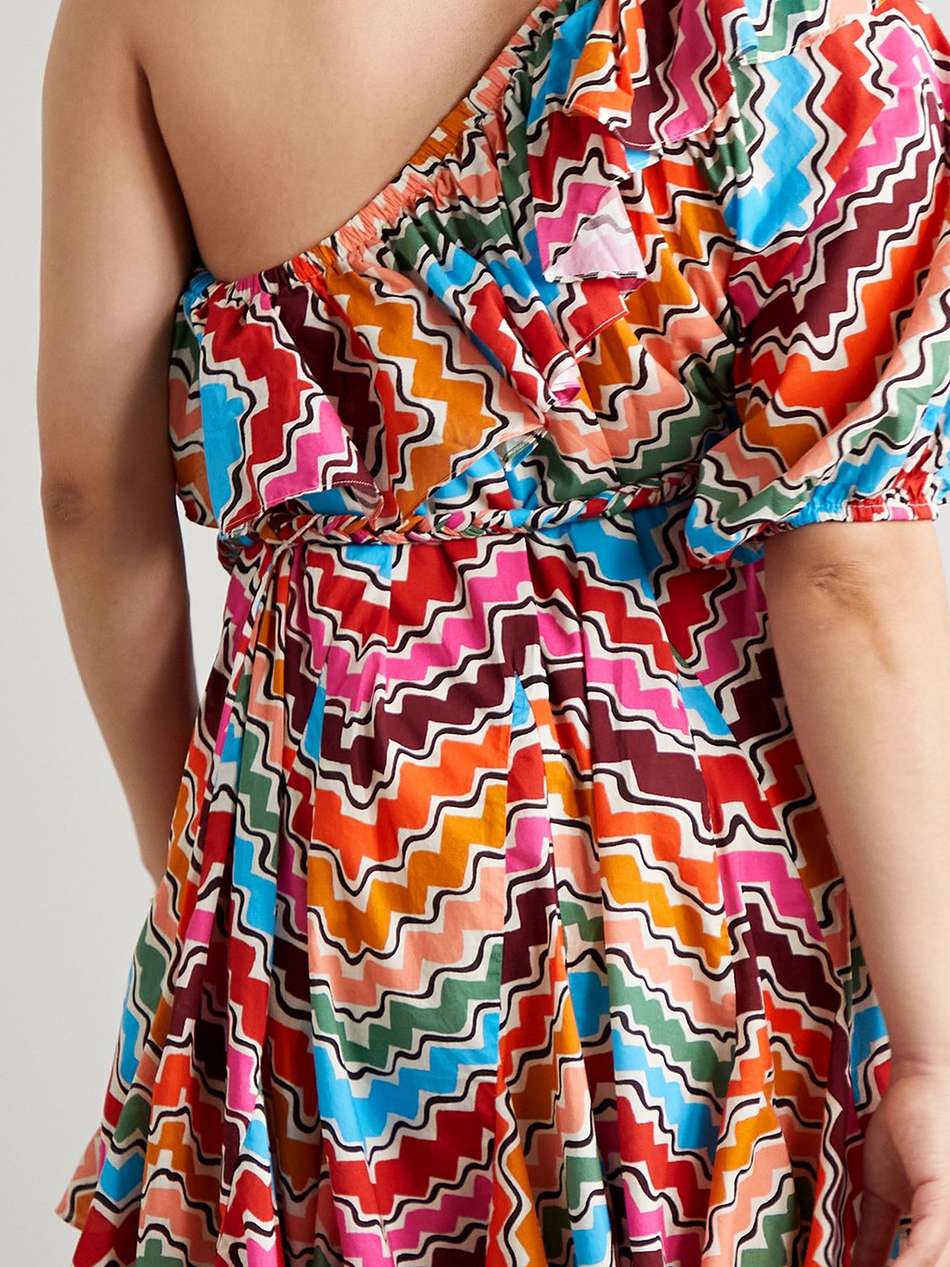 ozzie one-sleeve belted striped cotton-poplin mini dress