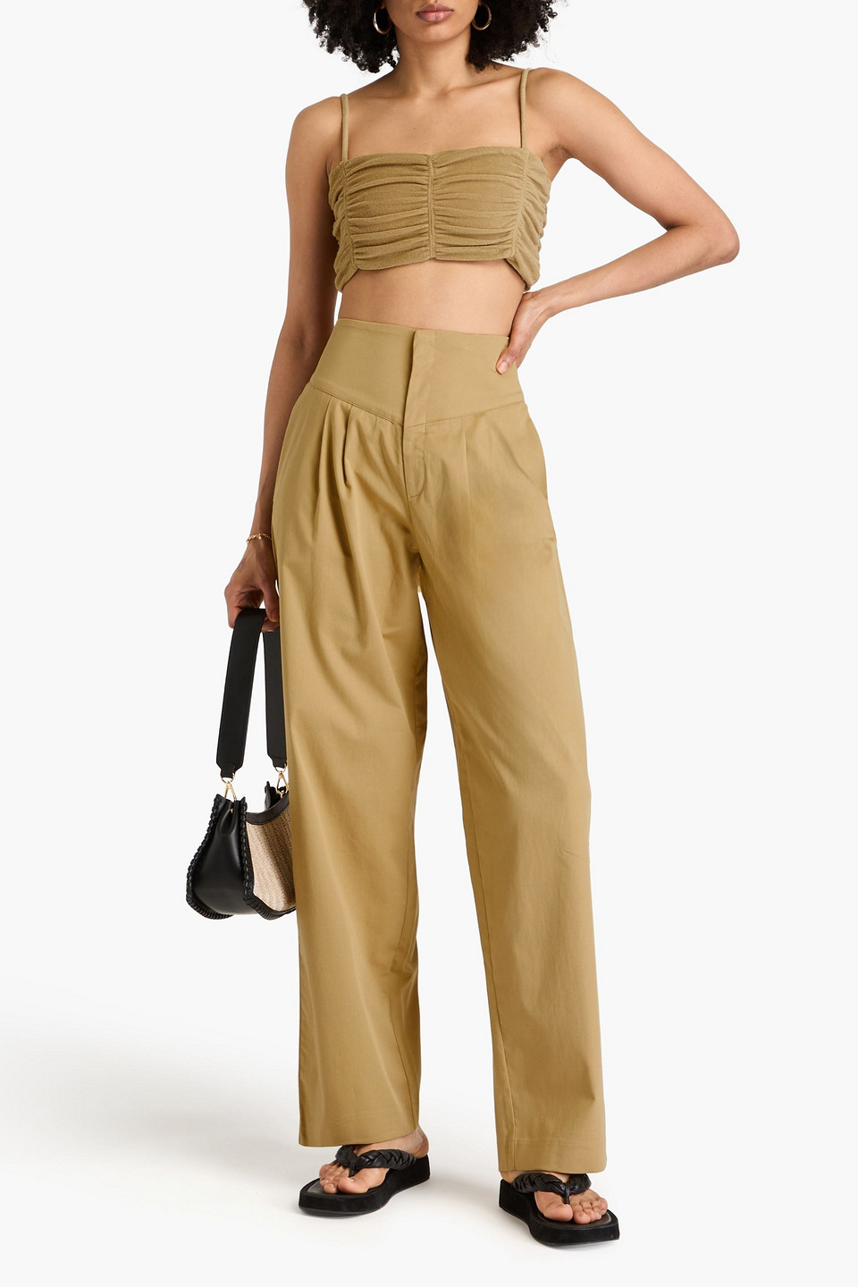 Bite Studios Elate Pleated Cotton-blend Twill Wide-leg Pants In Sand