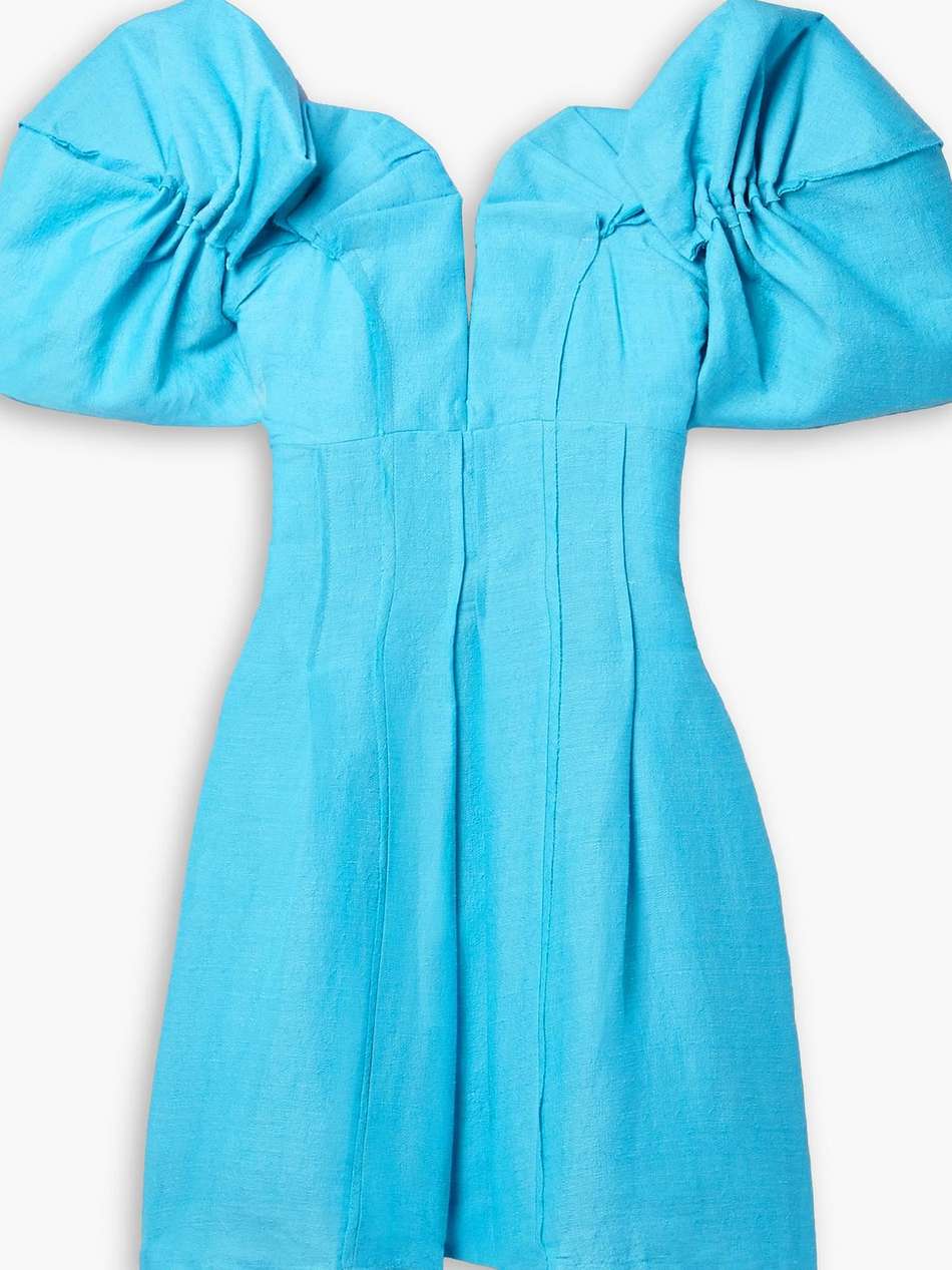 asal off-the-shoulder gathered woven mini dress