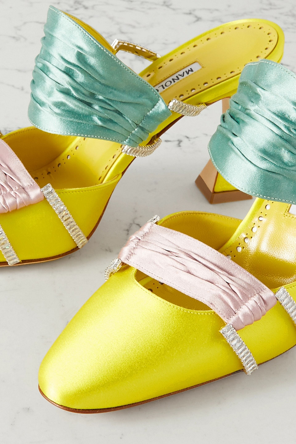 MANOLO BLAHNIK CHINCI 90 CRYSTAL-EMBELLISHED SATIN MULES