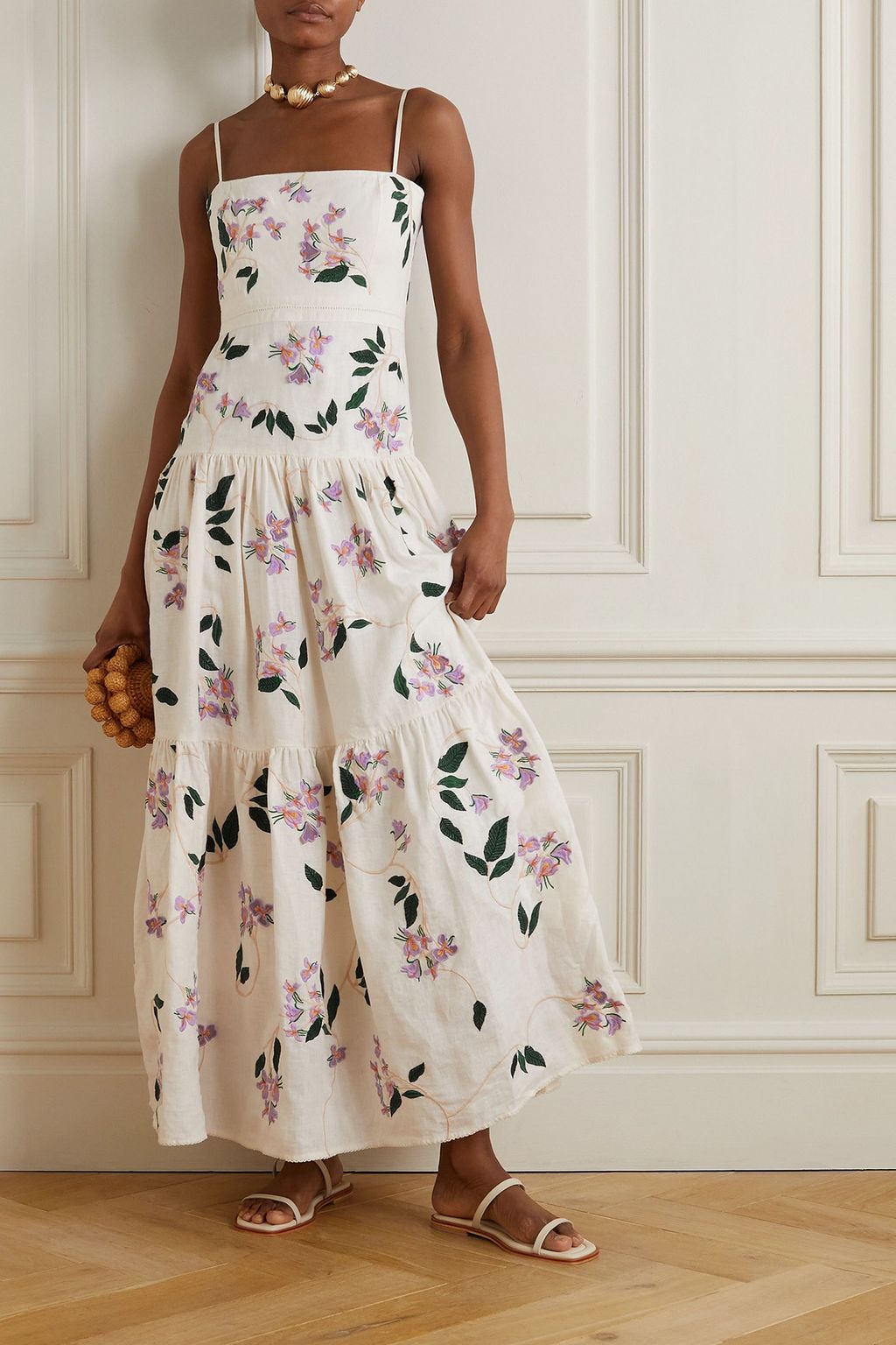 AGUA BY AGUA BENDITA Lima tiered embroidered linen maxi dress