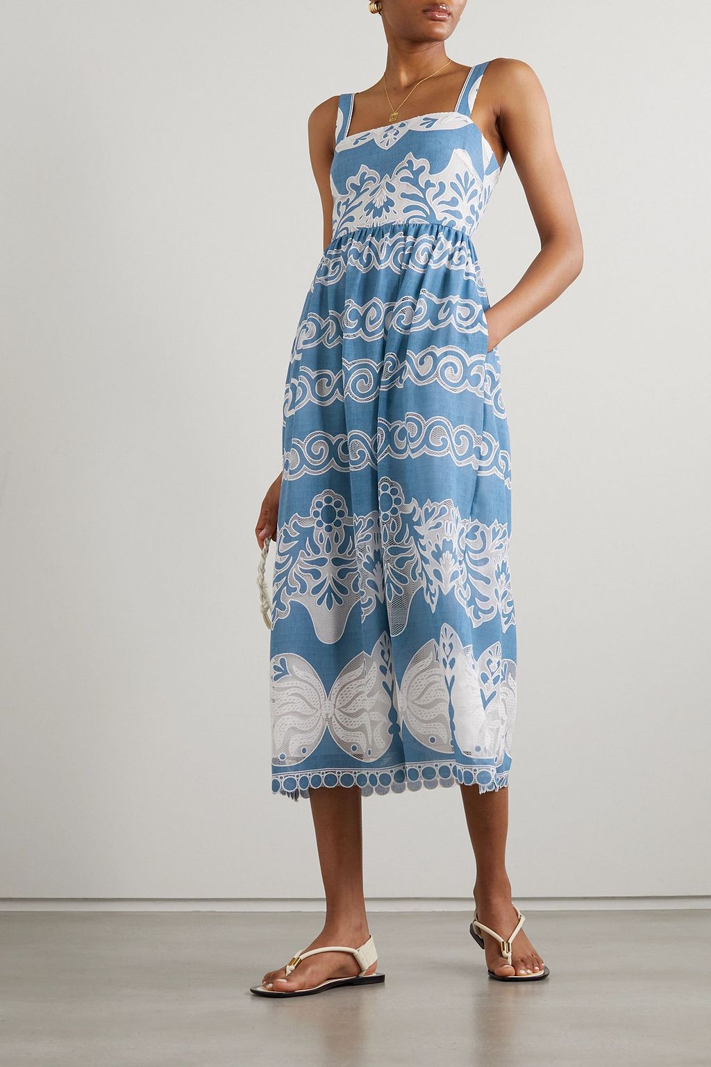 BORGO DE NOR Ninet cotton-blend chambray and lace midi dress