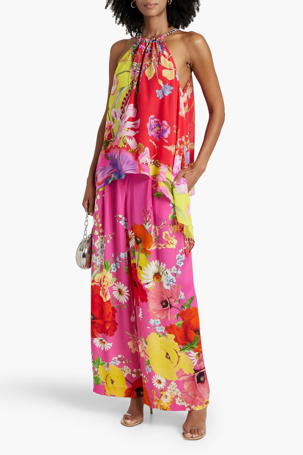 CAMILLA Crystal-embellished printed silk crepe de chine wide-leg pants