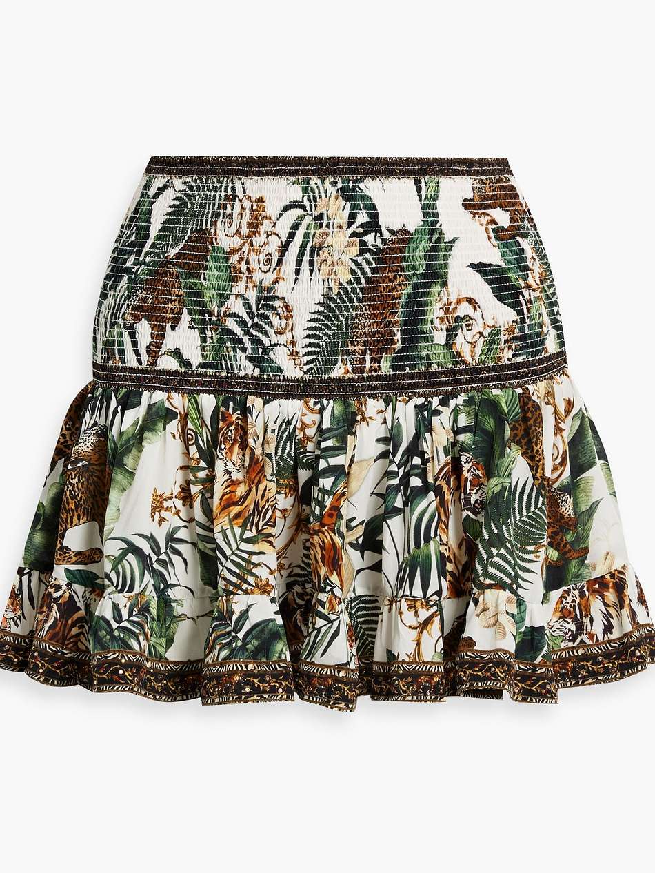 crystal-embellished printed silk crepe de chine mini skirt