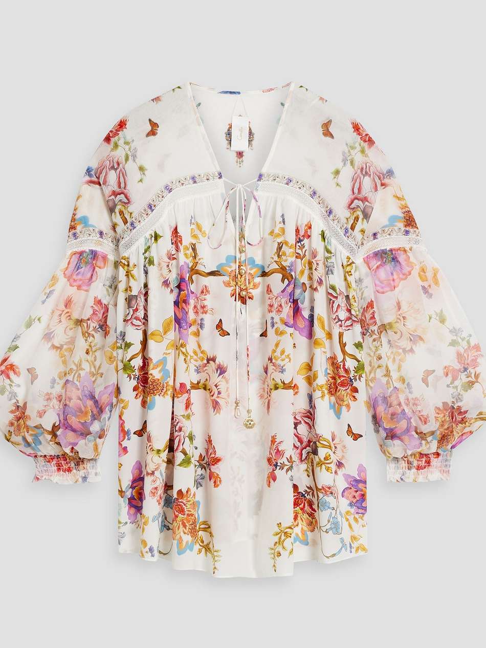 crystal-embellished printed silk-chiffon blouse