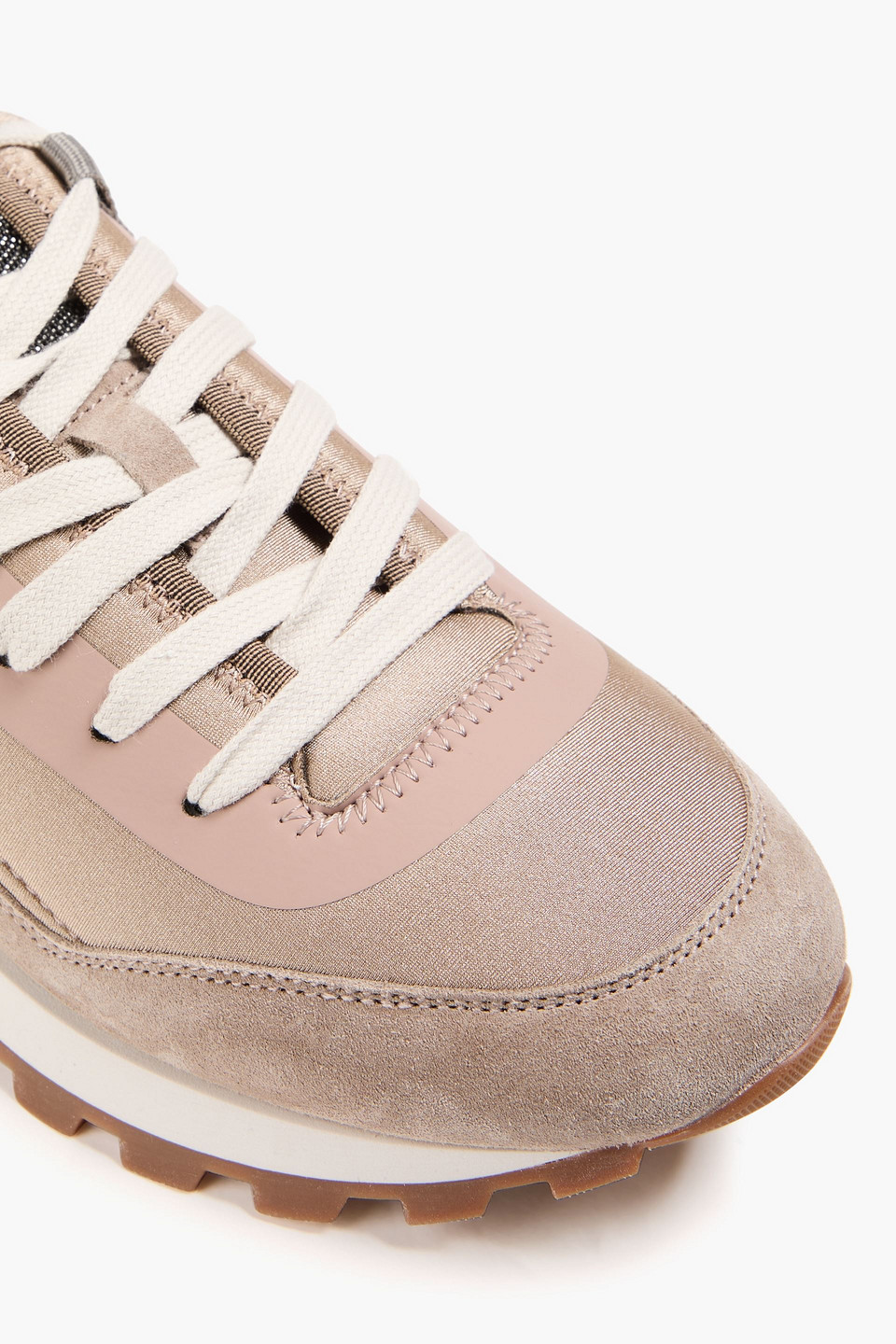 Brunello Cucinelli Bead-embellished Suede And Scuba Sneakers In Sand