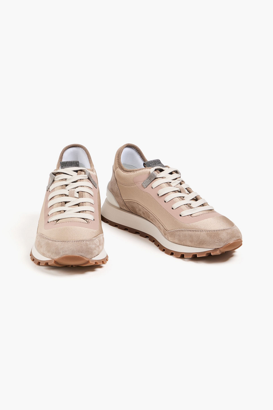 Brunello Cucinelli Bead-embellished Suede And Scuba Sneakers In Sand