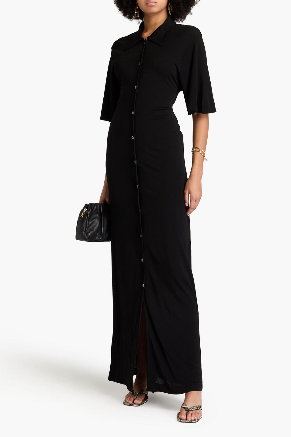Bite Studios Open-back Jersey Maxi Shirt Dress In Black