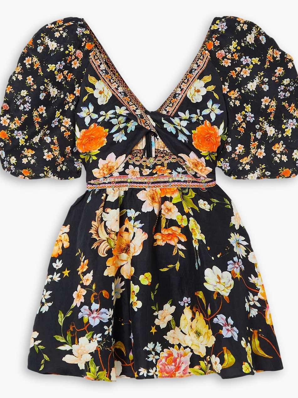 crystal-embellished cutout floral-print linen and silk-blend mini dress