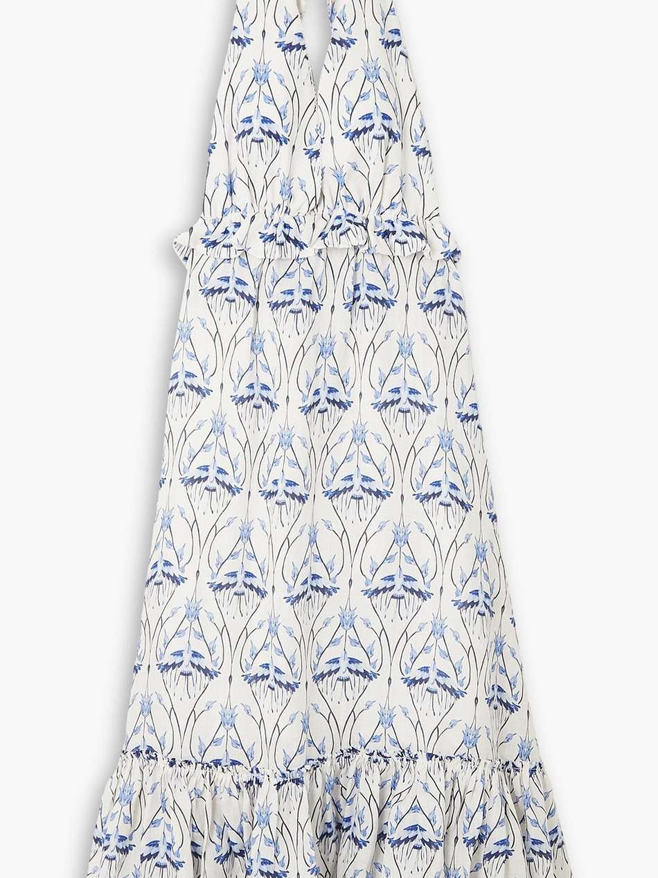 saba cometa ruffled printed linen halterneck midi dress