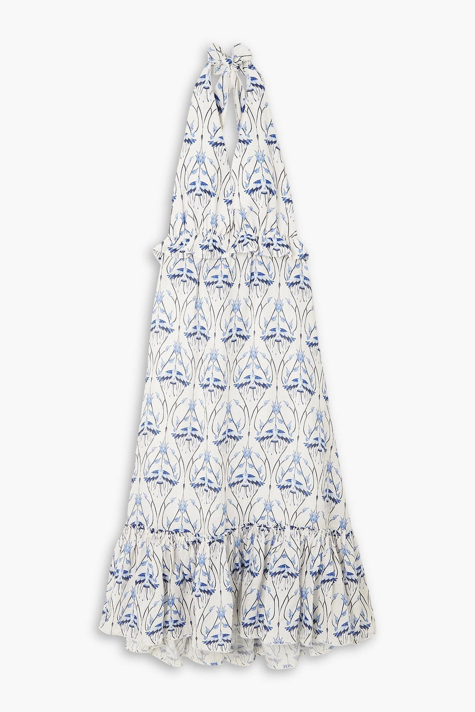 Agua By Agua Bendita Saba Cometa Ruffled Printed Linen Halterneck Midi Dress In Blue