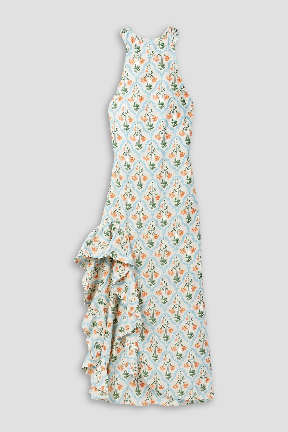 Agua By Agua Bendita Gerbera Ruffled Printed Linen Maxi Dress In Ecru