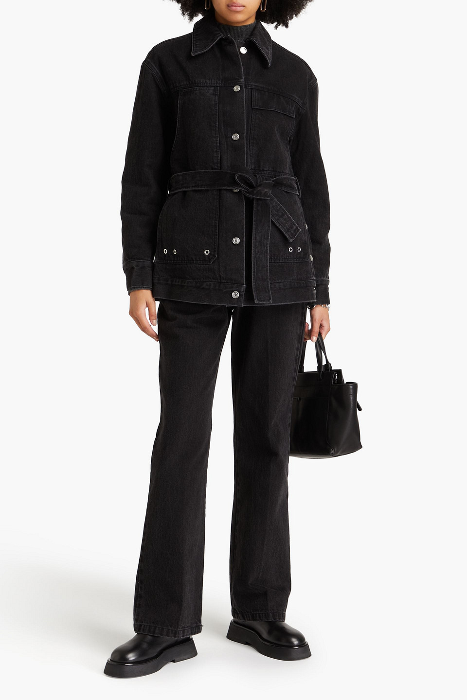 3.1 Phillip Lim Eyelet-embellished Belted Denim Jacket In Black