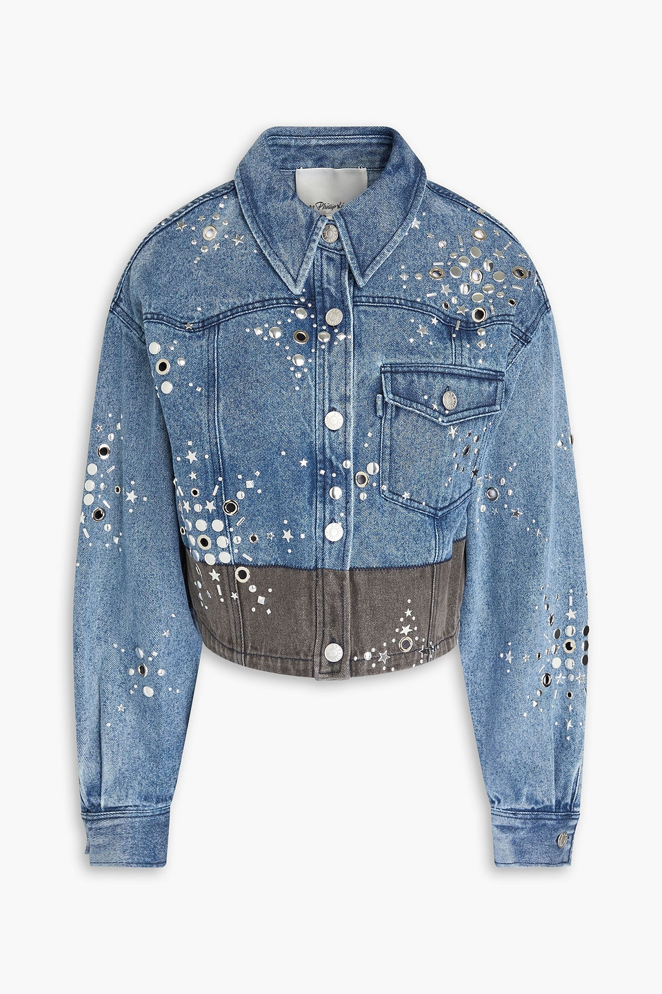 3.1 Phillip Lim Liberty Embellished Two-tone Denim Jacket In Mid Denim
