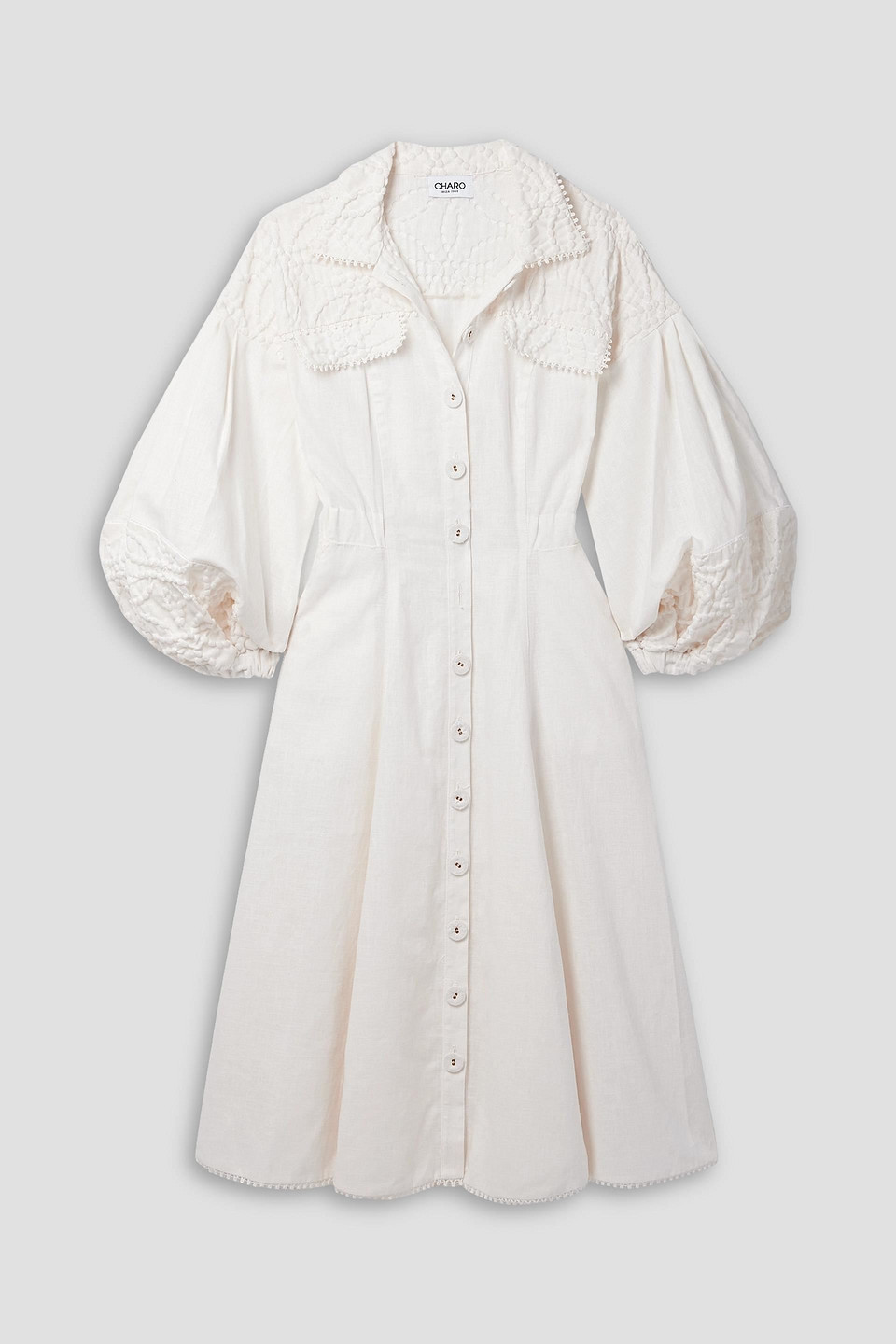 Charo Ruiz Dubya Cloqué-trimmed Ramie-blend Midi Shirt Dress In Elfenbein