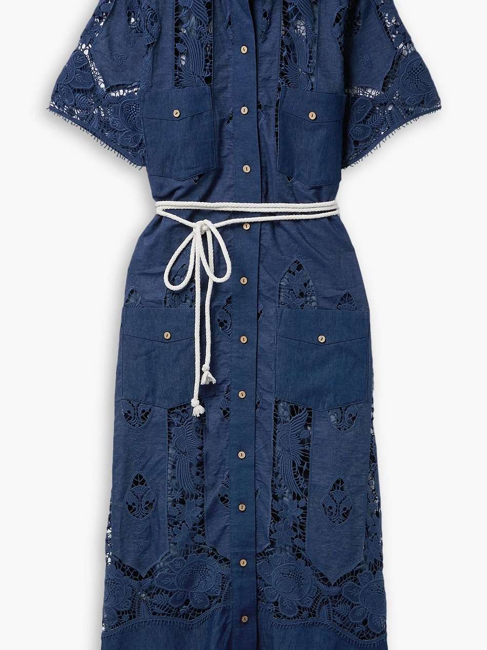 berly belted corded lace and cotton-chambray midi dress